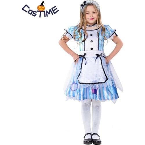Alice in Wonderland Costume Lolita Children Clothing Classic Blue Stripes Sweet Party Holiday Girl Dress Dance Halloween Costume