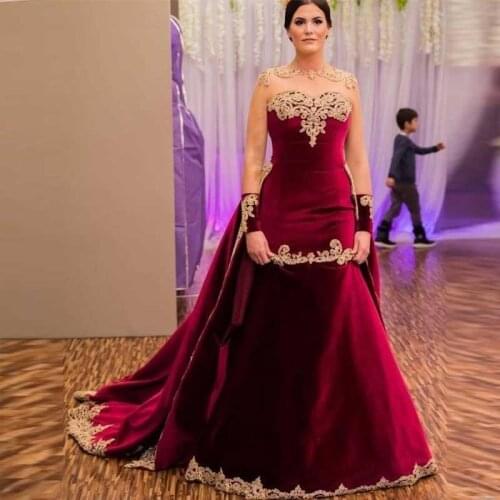 Burgundy Sheer Neck Arabic Dubai Evening Dresses 2020 Lace Appliques Mermaid Formal Prom Gown Velvet Robe De Soiree