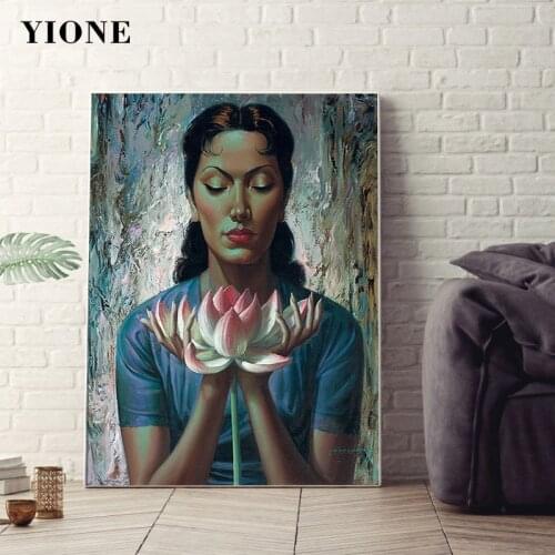 Lotus Flower Woman Oil Painting Abstract Impression Portrait Art Poster on the Wall Canvas Picture Print Living Room Decoration