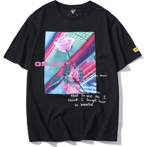 Rose T-shirts Men Summer Tshirt Rose Print Streetwear Hip Hop Tees Tops Male Slim Fit Short Sleeve Cotton Casual Clothes HH169