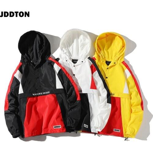 JDDTON Mens Patchwork Jackets Hoodies Loose Japanese Streetwear Hip Hop Hooded Bomber Coats Casual Male Vintage Outwear JE507