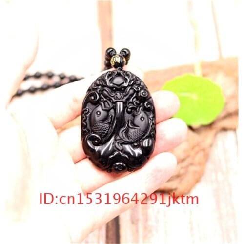 Chinese Women Gifts Black Beads Necklace Fashion Charm Natural Carp Amulet Pendant Jewelry Obsidian Jade for