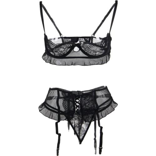 Comeondear Sexy Women Lingerie Sets Woman Lace Open Bra Plus Size Black Lingerie Garter Set Lenceria Erotica Mujer Sexi R80512