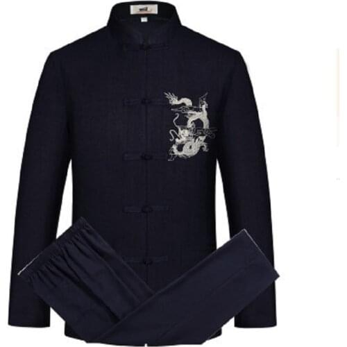 Mans Autumn Long Sleeve Tang Suit Male Chinese Kong Fu Frog Button Shirt + Pants Set Black Gray White Color Martial Arts Clothes