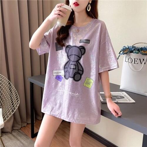 Limiguyue Summer Cute Cartoon Bear T Shirt Shiny Loose Casual Cotton Women Tops Tees Plus Size O-Neck Short Sleeve Tshirt K1880