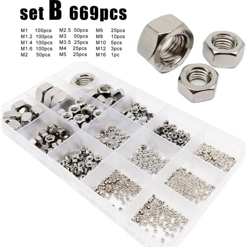 669pcs M1 M1.2 M1.4 M1.6 M2 M2.5 M3 M3.5 M4 M5 M6 M8 M10 M12M16 304 A2 Stainless Steel DIN934 Hex Hexagon Nut Set Assortment Kit