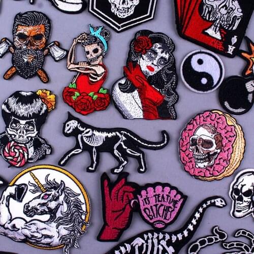 Skull Skeleton Patches On Clothes Embroidery Badges Punk Iron On Patches for clothing Patch Skull Cat Stickers Stripe For Jacket
