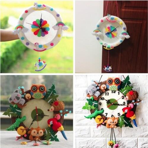 New Color Felt Wall Clock Free Cutting Felt Material DIY Package Forest Animal Theme Handmade Cloth Clock For Living Room Decor