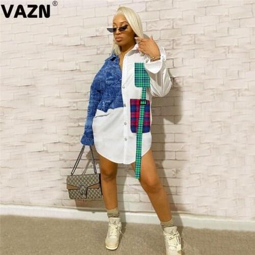 VAZN New 2021 New High Street Patchwork Women Elegant Fashion Mini Shirt Dress Slim Dress Club Birthday Shinny Dress