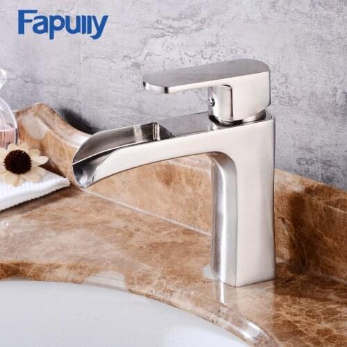 Fapully New Basin Faucet Waterfall Bathroom Sink Faucet Stainless Steel Brush Nickel Bath Basin Mixer Tap 144-11N