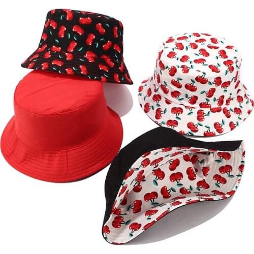 Popular Female Panama Cherry Double-Sided Bucket Hat Women Girls Foldable Outdoor Chapeau Sun Prevent Hats Cotton Fisherman Cap