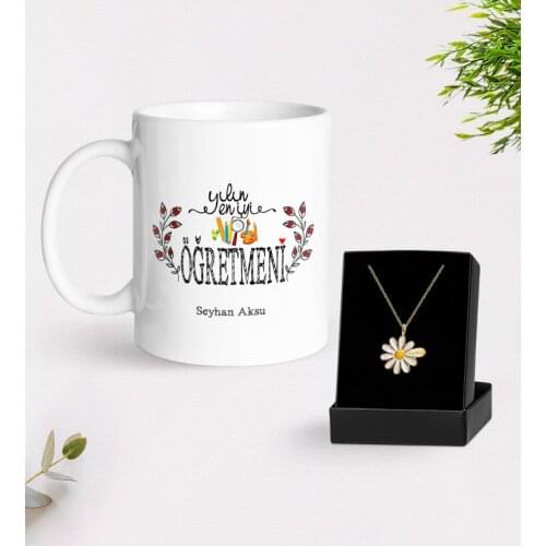 Personalized The Year 'S Best Teacher White Mug and Daisy Necklace Gift Seti-2