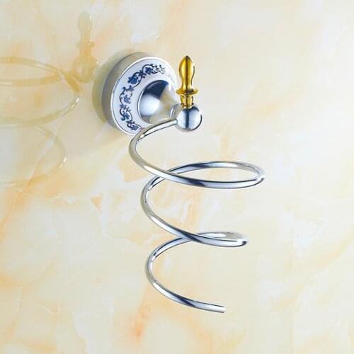 Bathroom Shelves Brass Wall mounted Hair Dryer Holder Crystal Bathroom Wall Shelf Hairdryer Support Spiral Stand Holder