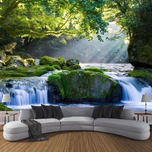 Custom Photo Mural 3D Green Tree Waterfall Forest Landscape Wall Painting Waterproof Wallpaper For Living Room Papel De Parede