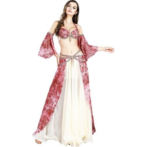Professional Belly Dance Competition Costume Set Bra Long Skirt Sleeves Bollywood Carnival 2019 Performance Women 3PCS