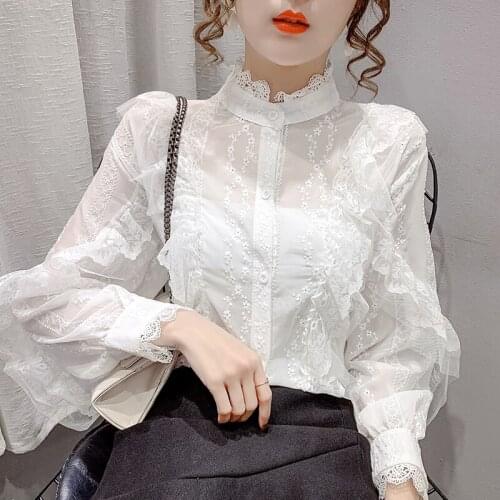 Ruffle Flowers Chiffon Blouse Shirts Loose Solid 2021 New Slim Lace Long Sleeve Blusas Feminine Vintage Shirt Women Top 20F