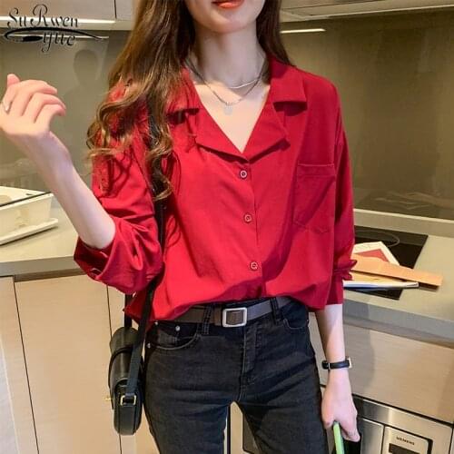 Chiffon Long Sleeve Office Lady 2021 Autumn Red Womens Blouse Professional Notched Collar Loose Cardigan Shirt Blusas 10692