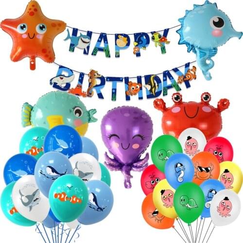 Ocean World Decoration Sea Animal Shark Holiday Supplier Fish Octopus Foil Balloons Flag Banner Happy Birthday Party Decoration