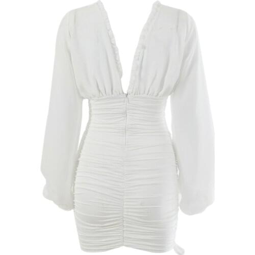 New Womens Casual Long Sleeve Short Skirt Fashion Solid Color V-neck Drawstring Tight Dress Bandage Fold