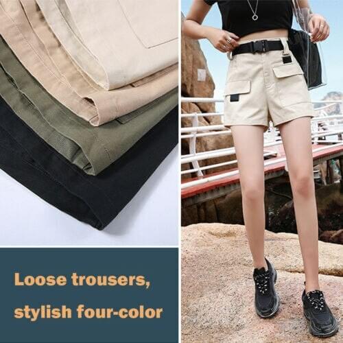 2019 New Womens Loose Breathable Cargo High Waist Shorts Cotton Overalls Shorts Casual Multi-pockets Loose Trouser
