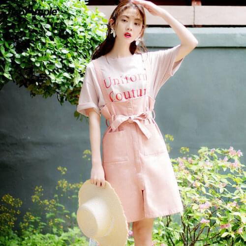 2021 Women Summer T-shirt Skirts Set Korean Casual Girls Student Sweet Pink Letter Clothing Suit Lady Fashion Bow Strap Dress