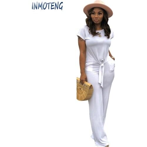 INMOTENG 2019 Women New Short Sleeve Knitted Tie Up Top Straight Long Pants Suits Two Piece Set Tracksuit Fashion Outfits S-XXL