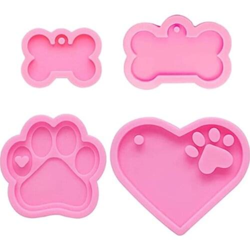 4 Pcs Dog Paw Bone Keychain Epoxy Resin Mold DIY Necklace Pendant Silicone Mould