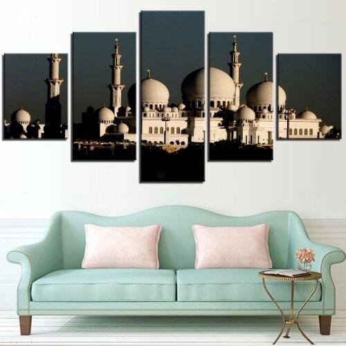 5 Pieces Islam Canvas Painting Building Wallpapers Church Posters Islamism Pictures For Home Room Decor Night Landscape Artwork