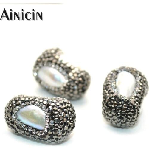 15x25mm Oval Shape Black Rhinestone Crystal Paved Rugby Natural Freshwater Pearl DIY Jewelry Making Beads 10pcs/lot