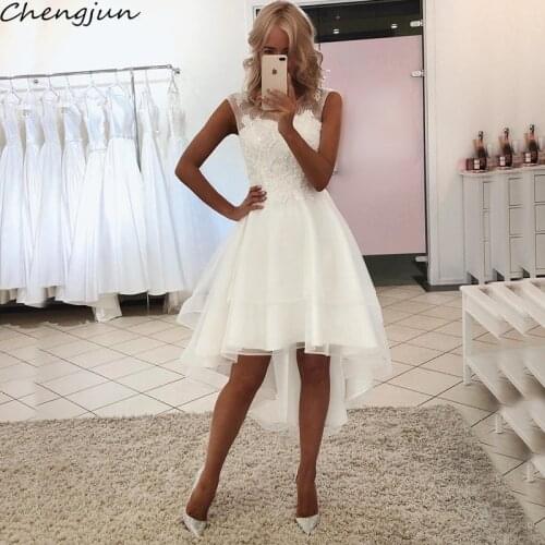 Chengjun Cute Sleeveless High-Low A-Line Illusion Neckline Short Wedding Gowns