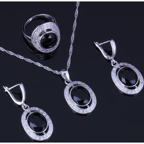 Exclusive Oval Black Cubic Zirconia White CZ Silver Plated Jewelry Sets Earrings Pendant Chain Ring V0985