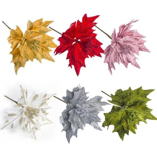 Artificial Christmas Poinsettia Glitter Poinsettia Flower Pick Xmas Tree Flower Xmas Ornaments New Years Party Accessories