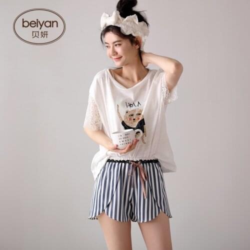 Summer Short Sleeve Ladies'Pajamas Lovely Cartoon Ladies Comfortable Fabrics Home Clothing Thin Summer Ladies Home Suit