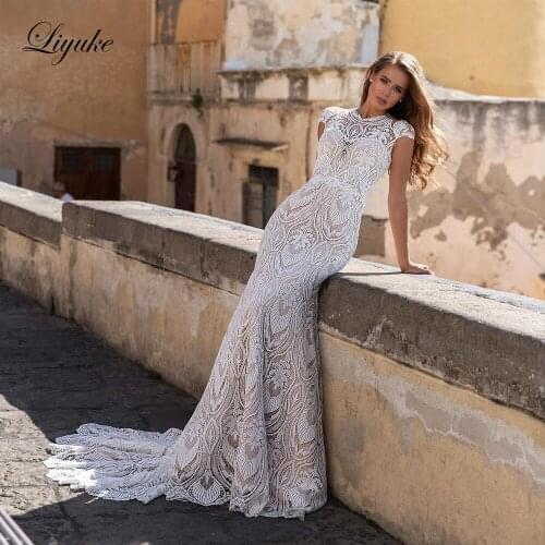 Liyuke Natural Waistline Mermaid Wedding Dress With Gorgeous Lace Court Train vestido de noiva