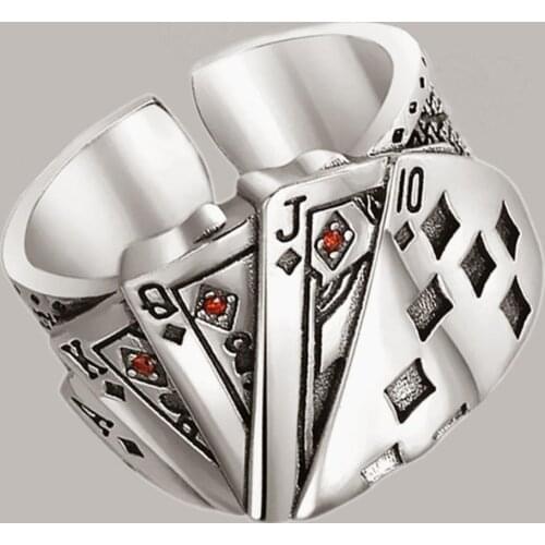 Men Ring Plated Silver Adjustable Opening Punk Finger Ring Jewelry Accessory Fine 2021Fashion New Playing Card Poker Pattern
