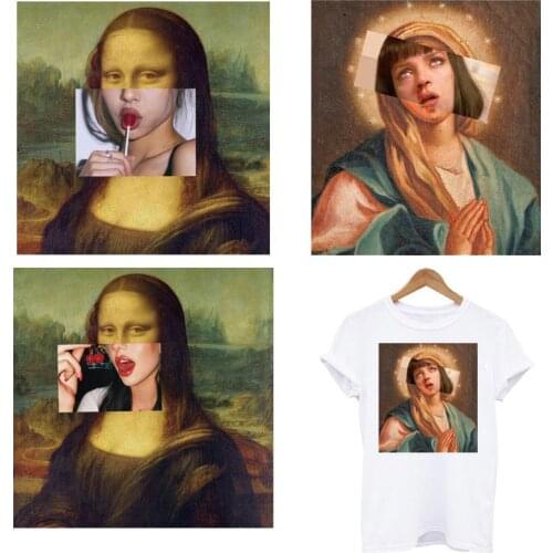 Mona Lisa Aesthetic Girl Patches For Clothing DIY A-level Washable Iron On Patches On Clothes Funny Cartoon Thermal Sticker