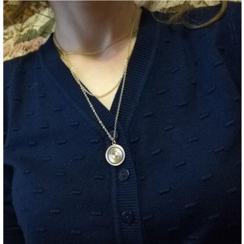 Trendy gold color round engraved coin pendant with four different chain layered necklace