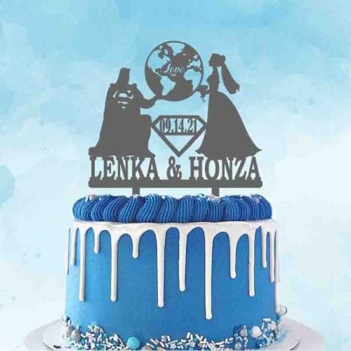 Personalized Superhero Wedding Cake Topper Custom Couple Name Date Super Man and Bride Save the World Wedding Party Cake Topper