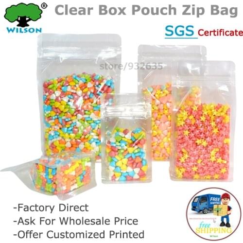 50Pcs Transparent Flat Bottom Box Pouch Bag Stand Up Zip lock Pouch Eight Sides Seal Bag Side Gusset Standing Plastic Coffee Bag