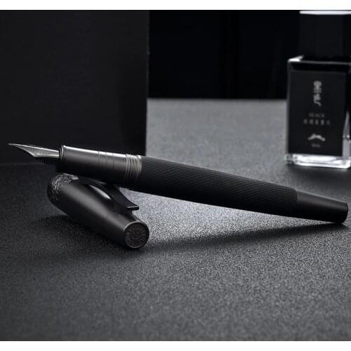 1Pcs Hongdian 6013 Black Metal Fountain Pen Titanium Black F/EF Nib Craft Pattern Full Steel Metal Ink Pen Business Gift Pen