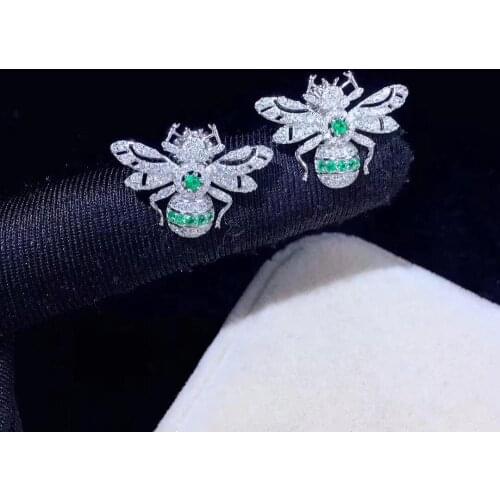 Cute green color bee stud earring 925 sterling silver with cubic zircon insect fine women jewelry daily use free shipping