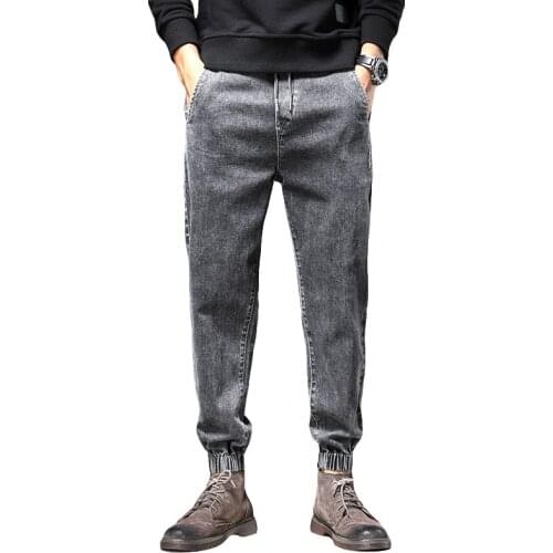 Spring and summer 2021 fashion mens jeans trendy brand loose tooling pants mens tie-foot Korean casual teenager harem pants