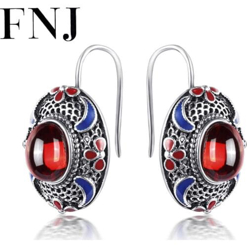 FNJ 925 Silver Earrings enameling Cloisonne S925 Sterling Silver Drop Earring for Women Jewelry Garnet Red Zircon Green Agate
