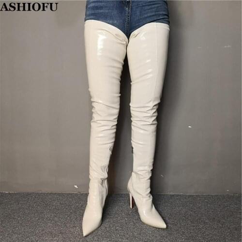ASHIOFU Handmade Womens Wedding Party High Heel Boots Sexy Prom Thigh High Boots Evening Dress Fashion Winter Long Boots Shoes