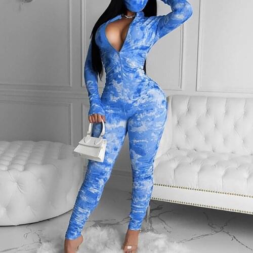 Women Zipper Tie-Dye Long Sleeves Leg Sexy Bodycon Jumpsuit One Piece Outfit