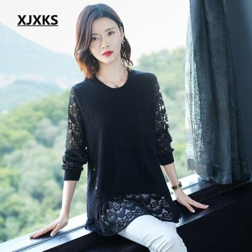 XJXKS 2020 spring new women thin outer wear sweater fashion stitching lace round neck long sleeve women knitted sweater pullover