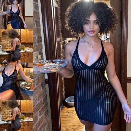 Women Summer Sexy Halter Deep V-Neck Mini Bodycon Dress See-Through Mesh Striped Crisscross Backless Party Clubwear Bikini