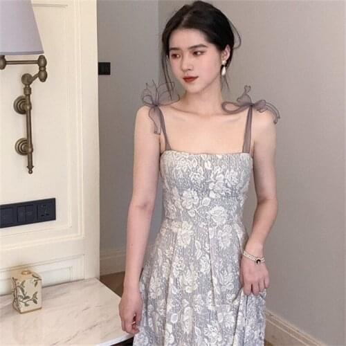 2021 summer new misty gray ribbon sling dress female French temperament Slim A-line long skirt