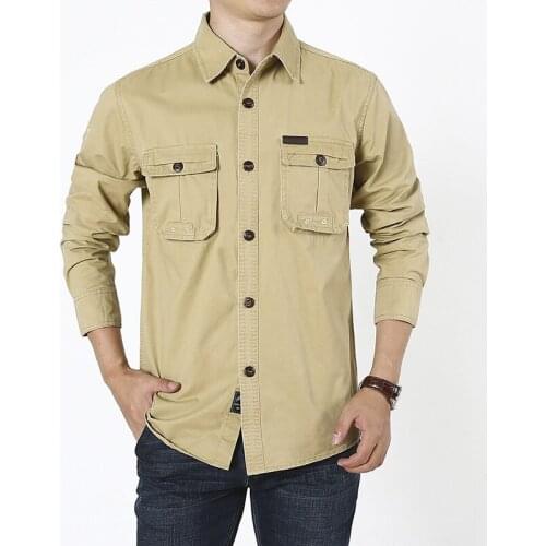 Spring Autumn Military Shirt Men Long Sleeves Pure Cotton Button Up Shirt With Pockets Camisa Masculina Solid Color Shirt Male