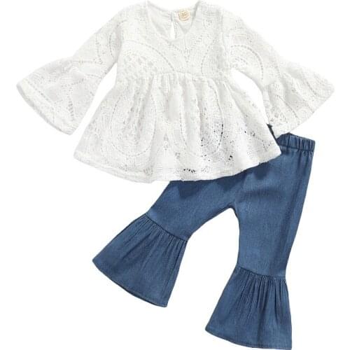 1-5Y Toddler Kids Baby Girl Long Sleeve Lace Shirt Tops Denim Flared Pant Bell Bottom 2PCS Autumn Clothes Set